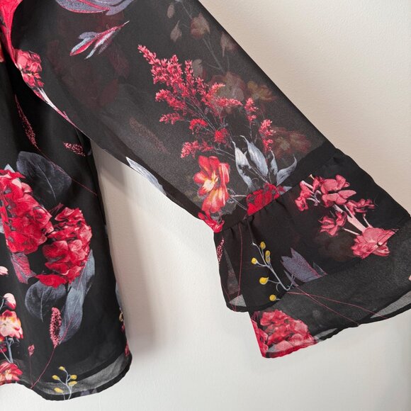 Floral V-Neck Chiffon Blouse A New Day L Black Red Pink Floral Print Long Sleeve - Picture 3 of 9